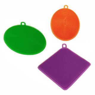 Silikonschwamm Reinigungsschwamm Splschwamm 3 teilig Set, 100% lebensmittelechter Silikon,  ca. 11 cm, je 1 x eckig (lila), rund (grn), oval (orange)