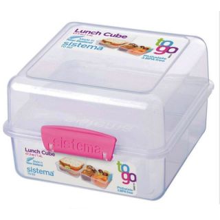 Sistema Lunchbox Wrfel Frhstcksbox Sandwichdose, 3-fach unterteilt, farblos transparent, pinke Verschlussklemme, ca. 1.4 l