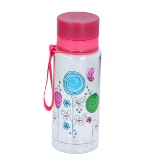 Trinkflasche Sportflasche Wasserflasche mit auslaufsicherem Drehverschluss und Blumenmotiv, Kunststoff, ca.  7 cm x 18 cm, Volumen ca. 520 ml, pink