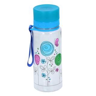 Trinkflasche Sportflasche Wasserflasche mit auslaufsicherem Drehverschluss und Blumenmotiv, Kunststoff, ca.  7 cm x 18 cm, Volumen ca. 520 ml, blau