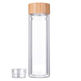 Trinkflasche Wasserfasche Thermoflasche mit Teeeinsatz, doppelwandiges Glas, Bambusdeckel, ca.  7.4 x 23.7 cm, Volumen ca. 0.4 l