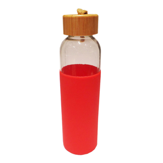 Trinkflasche Glastrinkflasche Wasserflasche mit Silikonmantel und Bambusdeckel, Glas/Silikon/Bambus, auslaufsicher, ca.  6.5 x 22.5 cm, Volumen ca. 0.5 l, rot