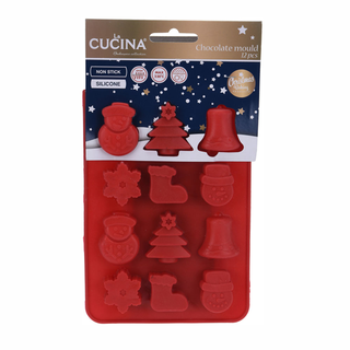 Schokoladenform Pralinenform 12 Minibackformen mit  6 verschiedene Motive , Silikon , Weihnachten  rot Mae: L  ca. 19,5 x B 14 x H 1,5 cm