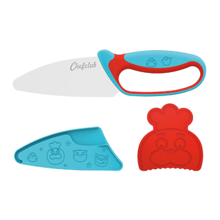 Kindermesserset 3teilig, Messer Klingenschutz Fingerschutz CHEFCLUB Edelstahl rostfrei / Kunststoff, Blau&Rot