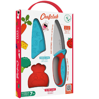Kindermesserset 3teilig, Messer Klingenschutz Fingerschutz CHEFCLUB Edelstahl rostfrei / Kunststoff, Blau&Rot